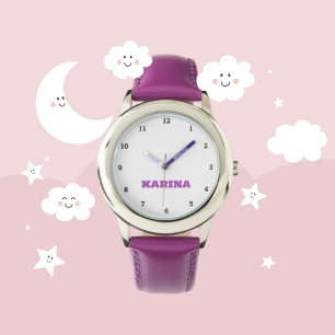 Anpassningsbar Kids Namn Steel Lila Leather Girls  Armbandsur