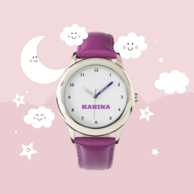 Anpassningsbar Kids Namn Steel Lila Leather Girls  Armbandsur (Skapare uppladdad)