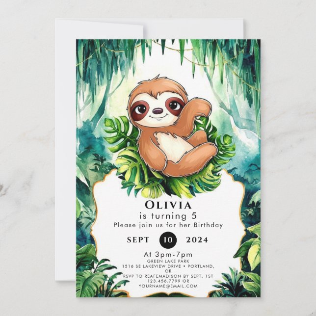 Anpassningsbar Kids Sloth Birthday Inbjudningar (Framsida)