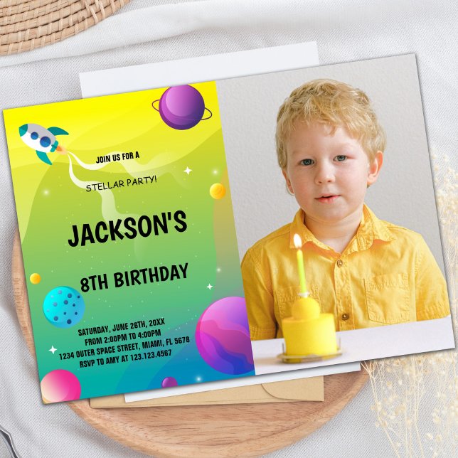 Anpassningsbar Kids Space Party Inbjudan (Yellow Green Outer Space Birthday Invitations phot)