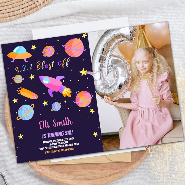 Anpassningsbar Kids Space Party Inbjudan (Rocket Outer Space Birthday Invitations with photo)