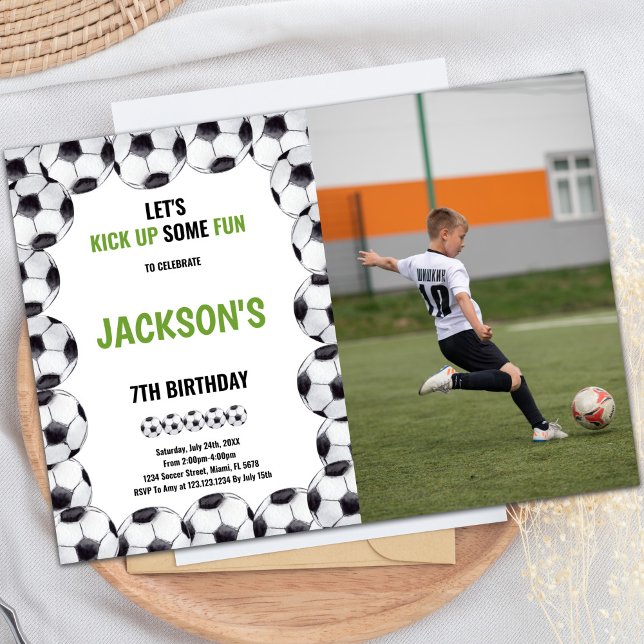 Anpassningsbar Kids Sports Party Inbjudan (Ball Fram Soccer Birthday Invitations with photo)