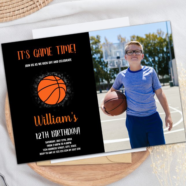 Anpassningsbar Kids Sports Party Inbjudan (Orange Basketball Birthday Invitations with photo)