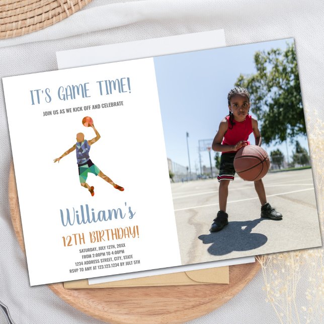 Anpassningsbar Kids Sports Party Inbjudan (Basketball Black Orange Invitations with photo)