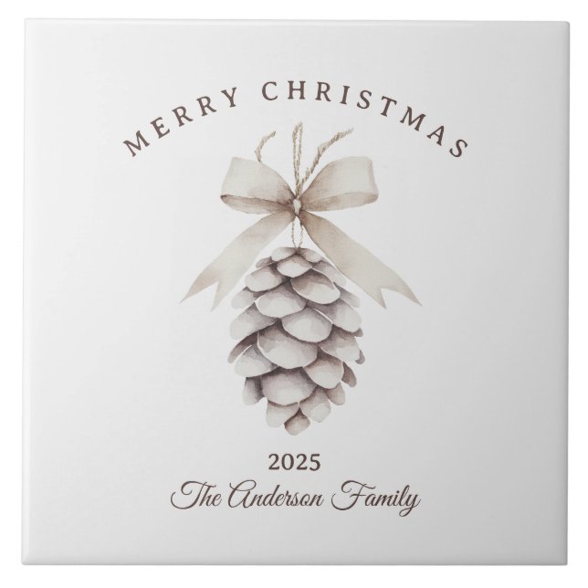 Anpassningsbar kräm vit pinecon julklapp kakelplatta (Framsidan)