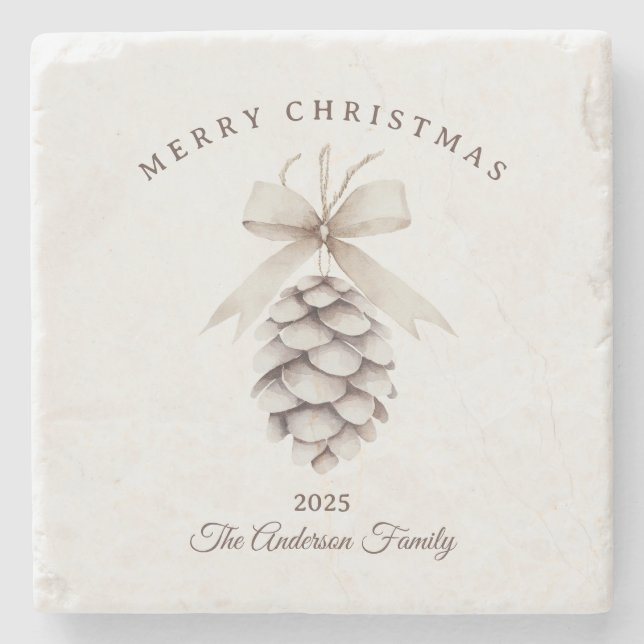 Anpassningsbar kräm vit pinecon julklapp stenunderlägg (Framsidan)