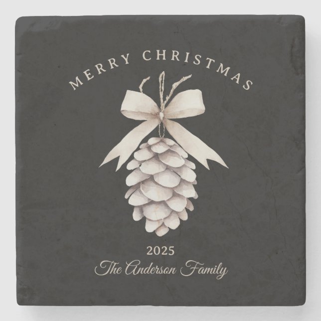 Anpassningsbar kräm vit pinecon julklapp stenunderlägg (Framsidan)