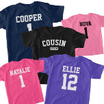 Anpassningsbar Kumsin besättning som matchar Perso T Shirt<br><div class="desc">Vi firar familjesammanslutningen med "Anpassningsbar Cousin Crew Matching Personlig with Namn T-Shirt". Perfekt för alla tillfälle, dessa personlig kusinskjortor är en fantastisk gåva till barnbarn, som för samman alla i stil. Varje skjorta kan skräddarsys med barns namn och ålder, skapar dem idealiska för familjeåterföreningar, födelsedagar eller till och med en...</div>