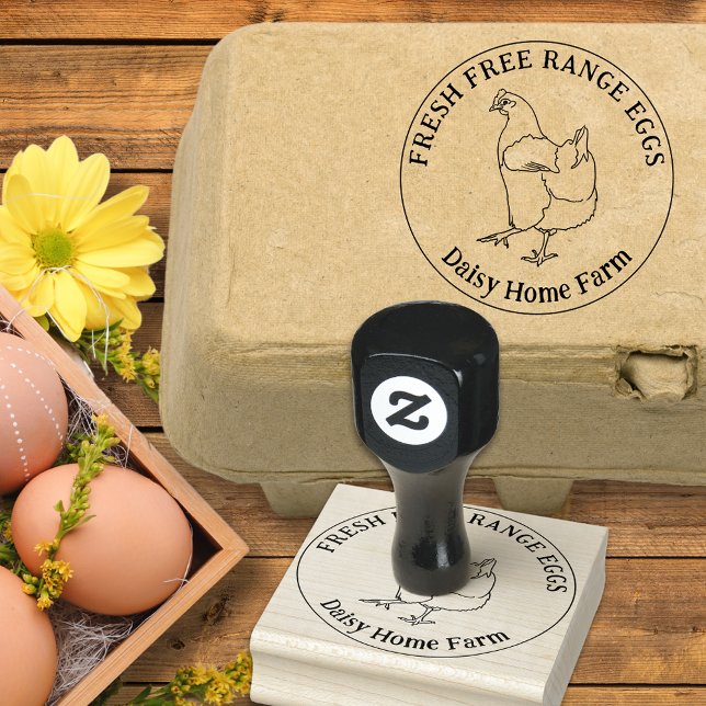 anpassningsbar kycklingägg från enkla hand plockad stämpel (Fresh free range chicken eggs box ink stamp simple hen line drawing and personalized business name)