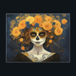 Anpassningsbar 💀 La Calavera Catrina med blommor Vykort<br><div class="desc">🌼 Inledning av ett vykort från Striking Día de Muertos: La Calavera Catrina med Gula blommor på en blå bakgrund! 🌼 Embark på en visuell färd som hedrar den tidlösa charmen La Calavera Catrina med den förtjusande stil av berömd målare G.K.. Mot en uppfångande blå bakgrund är det här vykortet...</div>