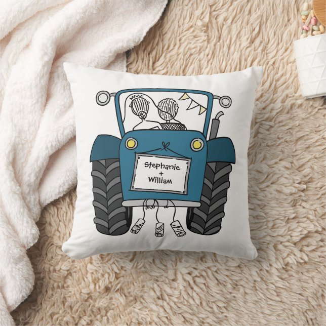 Anpassningsbar Landsbyggsbröllop Blue Tractor Kudde (Filt)