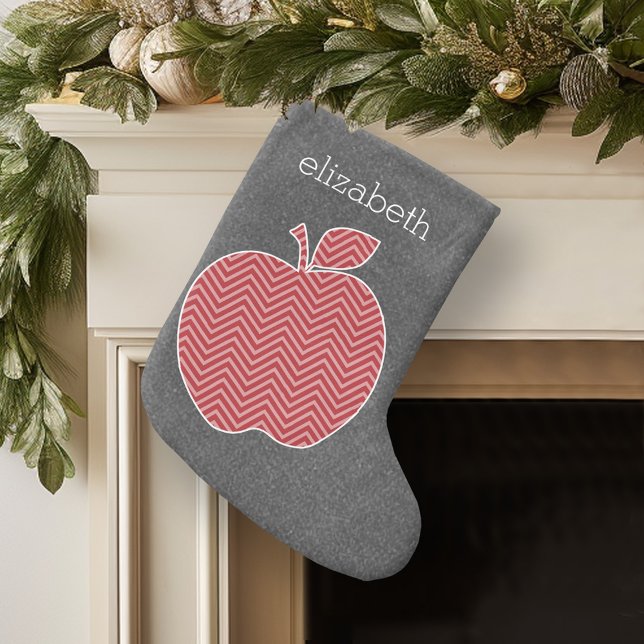 Anpassningsbar Läraräpple med Trendig Chevron Möns Stor Julstrumpa (Personalized Christmas Stocking)