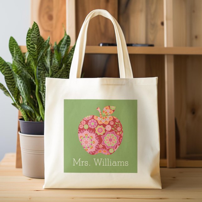Anpassningsbar Lärare Apple med Trendig Blommönste Tygkasse (Custom Tote Bag)