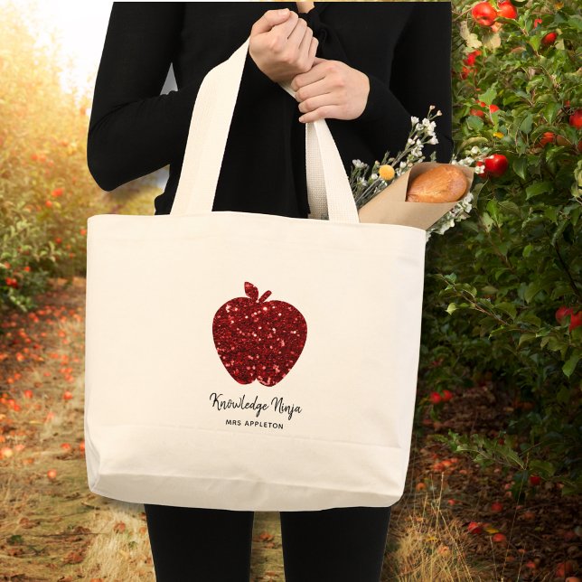 Anpassningsbar Lärare Namn Red Apple Faux Glitter Jumbo Tygkasse (Customize with Name and text, swap Knowledge Ninja for other text if you wish. Matching  items, too)