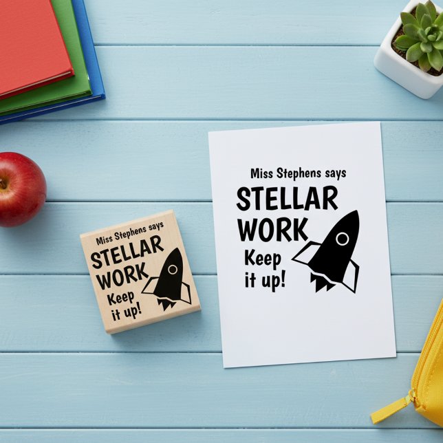 Anpassningsbar Lärare säger att Behållan för fast  Stämpel (Personalized praise teacher's rubber stamp. Teacher says stellar work! Keep it up!)