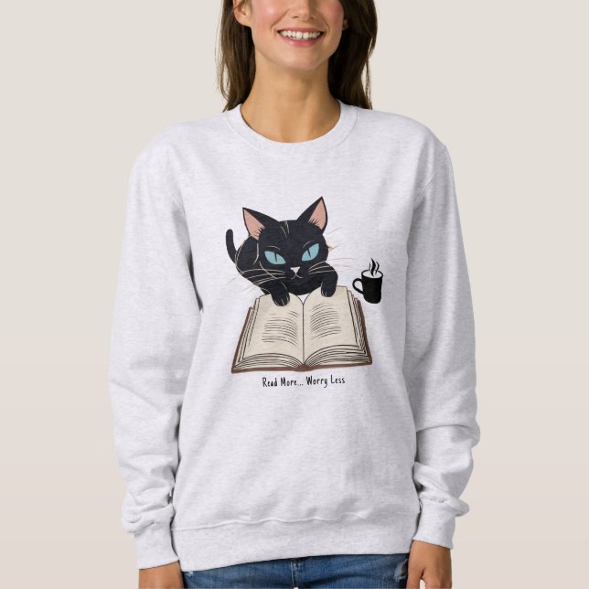 Anpassningsbar Läs mer oroande mindre, Roligt Cat, T Shirt (Framsida)