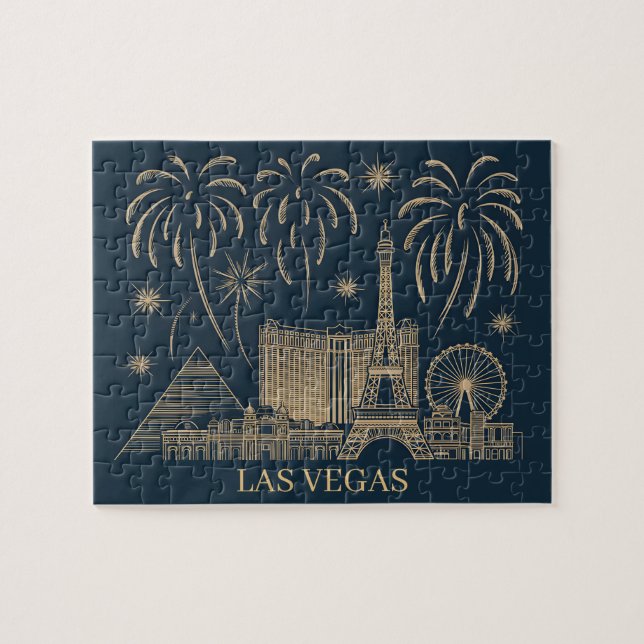 Anpassningsbar Las Vegas Skyline Guld Line Art Vin Pussel (Horisontell)