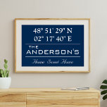 Anpassningsbar Latitude Longitud-familjen Namn Hom Poster<br><div class="desc">Latitude Longitud Home Decor. Ett unikt sätt att visa var ditt hem finns. Anpassa den med valfri bakgrund i färg. Perfektens gåva till Houseworkteknik. Om du vill söka efter latitud och longitud för ditt hem kopierar du och klistrar in länken i webbläsaren och följer instruktionerna. https://support.google.com/maps/answer/18539?hl=en</div>