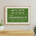 Anpassningsbar Latitude Longitud-familjen Namn Hom Poster<br><div class="desc">Latitude Longitud Home Decor. Ett unikt sätt att visa var ditt hem finns. Anpassa den med valfri bakgrund i färg. Perfektens gåva till Houseworkteknik. Om du vill söka efter latitud och longitud för ditt hem kopierar du och klistrar in länken i webbläsaren och följer instruktionerna. https://support.google.com/maps/answer/18539?hl=en</div>