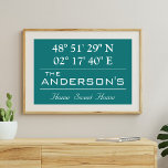 Anpassningsbar Latitude Longitud-familjen Namn Hom Poster<br><div class="desc">Latitude Longitud Home Decor. Ett unikt sätt att visa var ditt hem finns. Anpassa den med valfri bakgrund i färg. Perfektens gåva till Houseworkteknik. Om du vill söka efter latitud och longitud för ditt hem kopierar du och klistrar in länken i webbläsaren och följer instruktionerna. https://support.google.com/maps/answer/18539?hl=en</div>