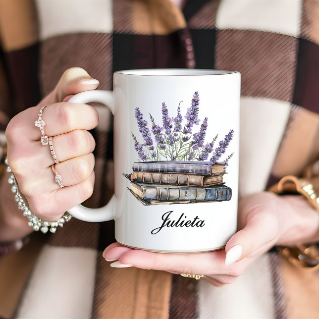 Anpassningsbar Lavender Blommigt Bok Mugg, bokgåva Kaffemugg (personalized mug, student gift mug, book lover gift, bookish gift, mug for her, mug for students)