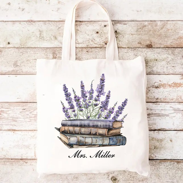 Anpassningsbar Lavender Blommigt Bok Tote Bag för  Tygkasse (custom tote for teachers, teacher's book tote, back to school gift, teacher appreciation gift,)