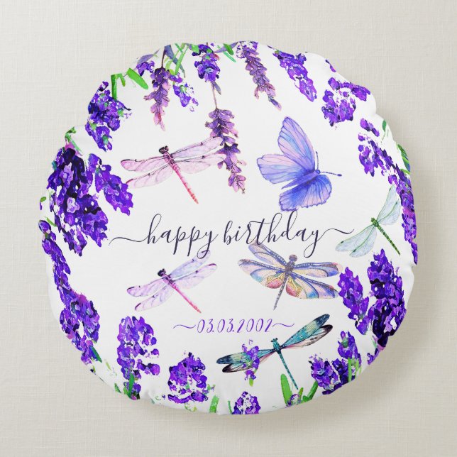 Anpassningsbar Lavender Dragonfly Shabby chic Boho Rund Kudde (Framsidan)