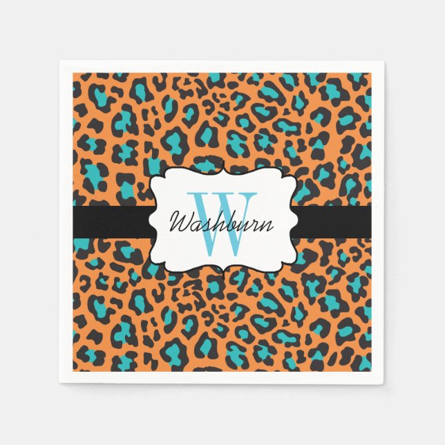 Anpassningsbar Leopard Orange Black Aqua Cocktail  Pappersservett (Framsidan)
