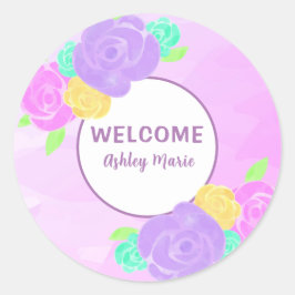 Anpassningsbar lila akvarellblomma för baby shower runt klistermärke