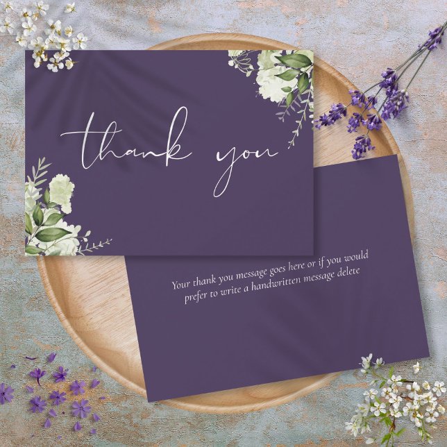 Anpassningsbar Lila Greenery Elegant Script Tack Kort (Custom Purple Greenery Elegant Script Thank You Card)
