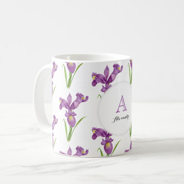 Anpassningsbar Lila Iriserar Blommigt Art Monogram Kaffemugg (Framsida vänster)