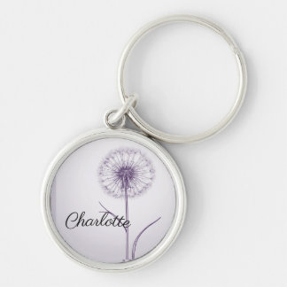 Anpassningsbar lilac dandelion namn bricka rund silverfärgad nyckelring