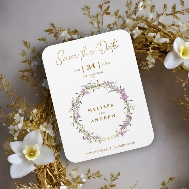 Anpassningsbar Lilac Elegant Garland WAN Bröllop Magnet (Custom Lilac Elegant Garland Wreath Wedding Save the Date Magnetic Card.)
