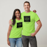 Anpassningsbar Lime Green Business Namn och Logoty T Shirt<br><div class="desc">Anpassningsbarnas klara gröna skjorta för kalk har professionellens logotyp, tillsammans med en ordalydelse för ditt företag namn, slogan, webbplats, plats eller annan information som kan vara personlig. Lägg helt enkelt till logotypen för ditt företag i det svarta runda platshållarbildsutrymmet och fyll i enligt önskad ordalydelse. Shirt färg och stil kan...</div>