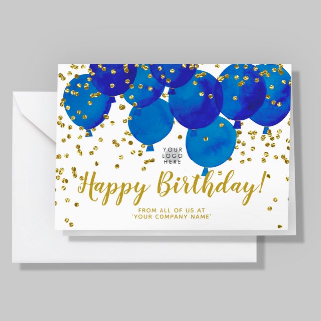 Anpassningsbar Logotyp Blue Balloons Guld Confetti Kort (Skapare uppladdad)