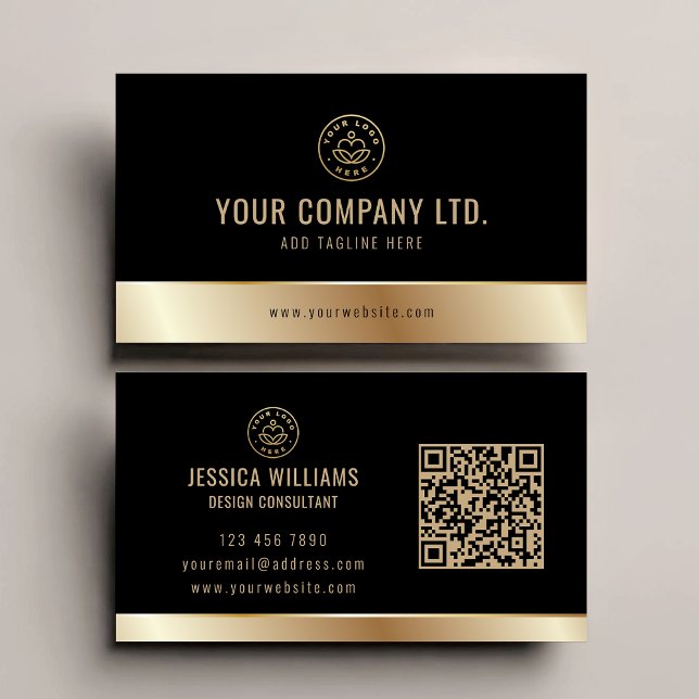 Anpassningsbar Logotyp Elegant Black Guld QR-kod Visitkort (Skapare uppladdad)