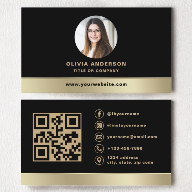 Anpassningsbar Logotyp Elegant Black Guld QR-kodfo Visitkort (Skapare uppladdad)