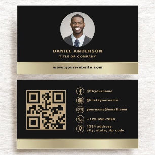 Anpassningsbar Logotyp Elegant Black Guld QR-kodfo Visitkort