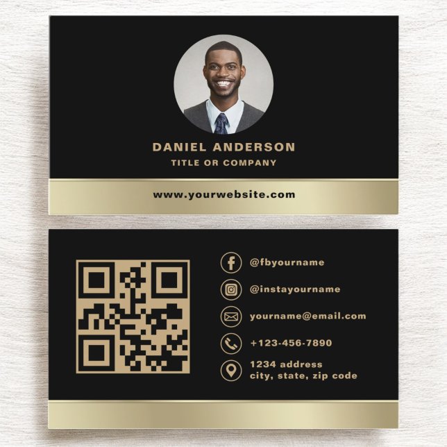 Anpassningsbar Logotyp Elegant Black Guld QR-kodfo Visitkort (Skapare uppladdad)