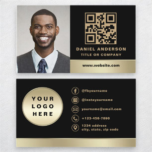 Anpassningsbar Logotyp Elegant Black Guld QR-kodfo Visitkort