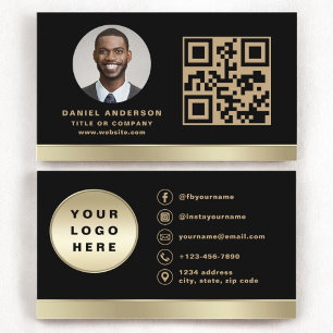 Anpassningsbar Logotyp Elegant Black Guld QR-kodfo Visitkort