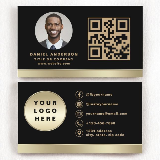 Anpassningsbar Logotyp Elegant Black Guld QR-kodfo Visitkort (Skapare uppladdad)