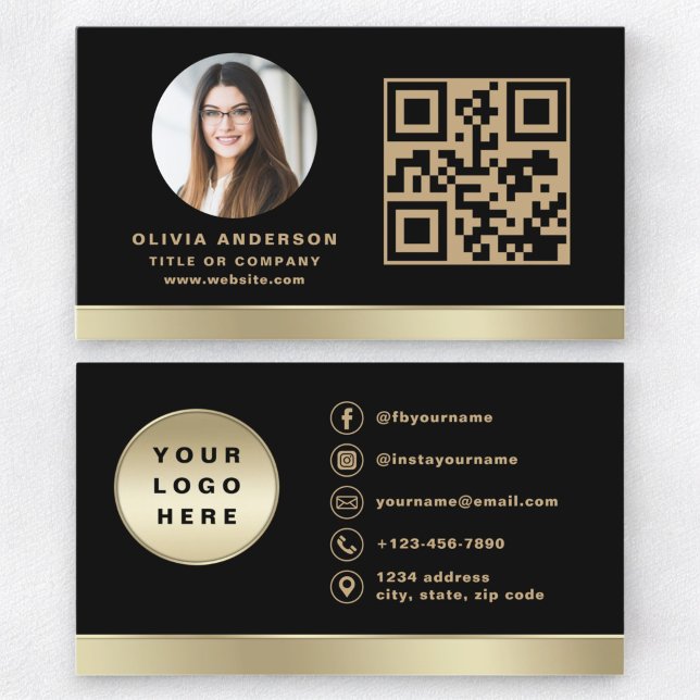 Anpassningsbar Logotyp Elegant Black Guld QR-kodfo Visitkort (Skapare uppladdad)