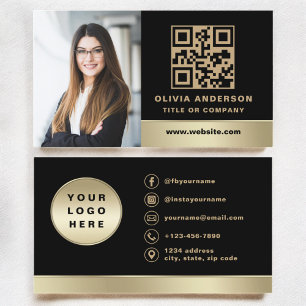 Anpassningsbar Logotyp Elegant Black Guld QR-kodfo Visitkort