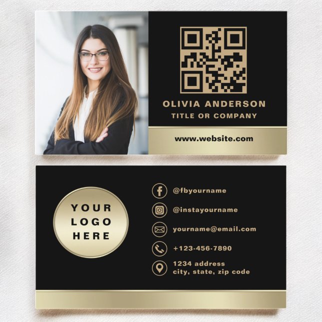 Anpassningsbar Logotyp Elegant Black Guld QR-kodfo Visitkort (Skapare uppladdad)