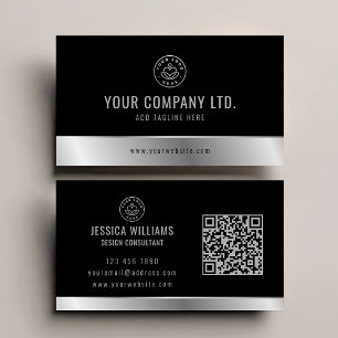 Anpassningsbar Logotyp Elegant Black Silver QR-kod Visitkort