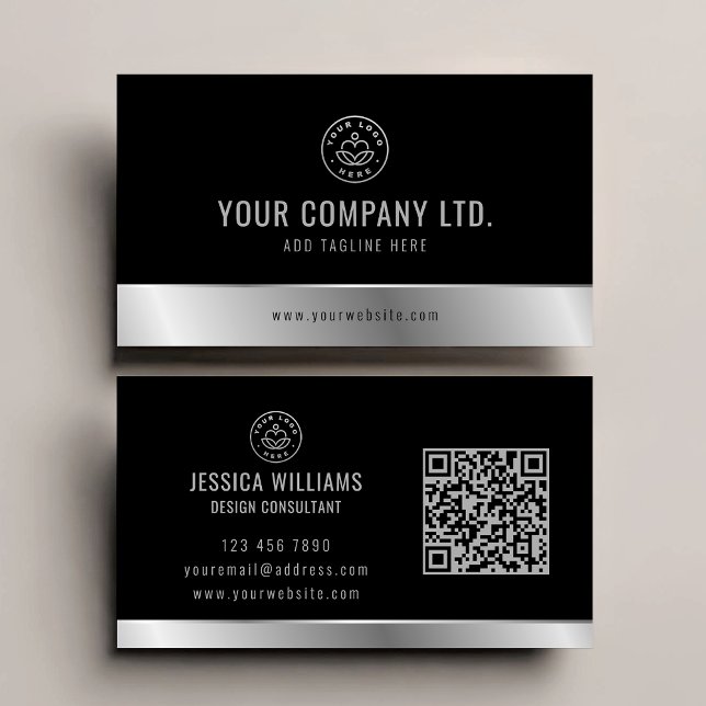 Anpassningsbar Logotyp Elegant Black Silver QR-kod Visitkort (Skapare uppladdad)