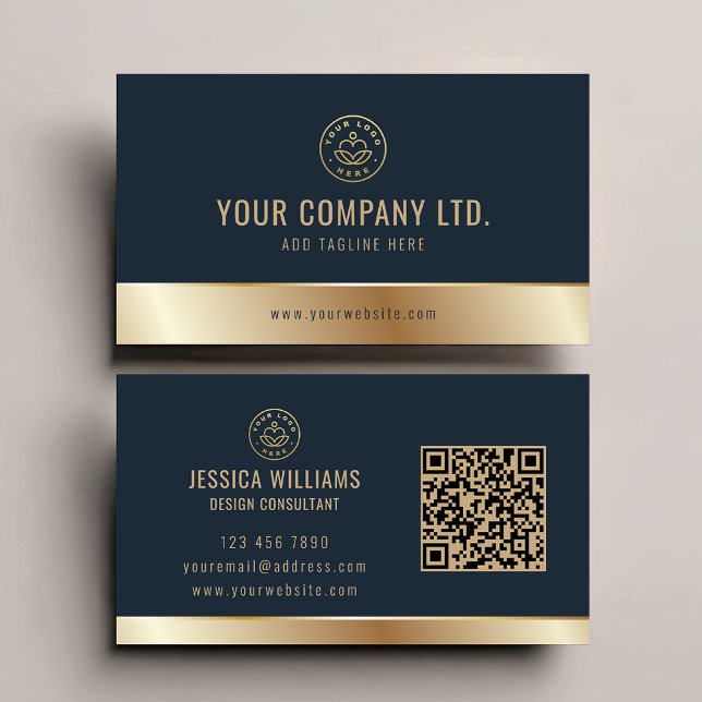 Anpassningsbar Logotyp Elegant Blue Guld QR-kod Visitkort (Skapare uppladdad)