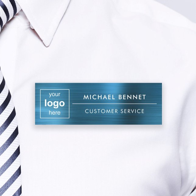 Anpassningsbar Logotyp Elegant Blue Professionell  Namnbricka (Custom Logo Elegant Blue Professional Business Name Tag)