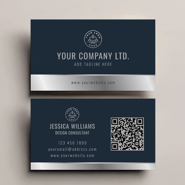Anpassningsbar Logotyp Elegant Blue Silver QR-kod Visitkort (Skapare uppladdad)